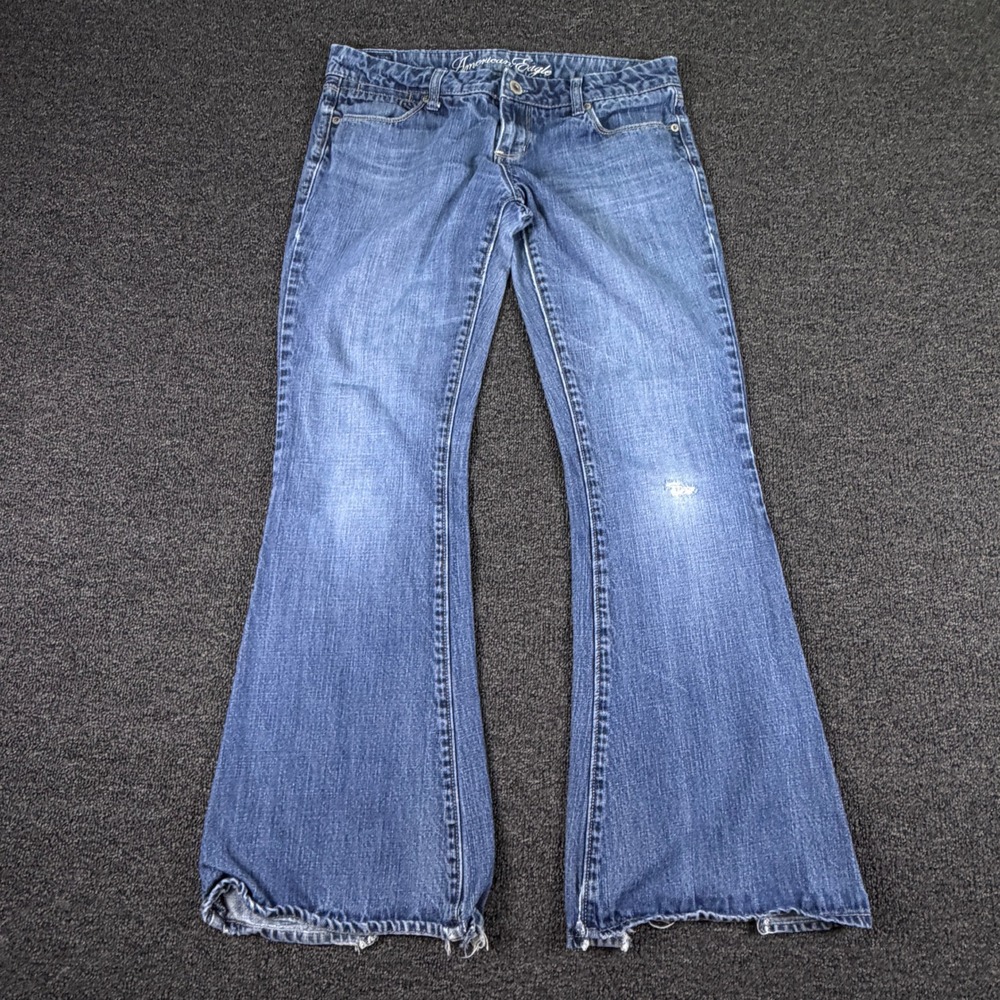 American Eagle Jeans Womens 8 Artist Flare Blue Distressed Low Rise Denim EUC